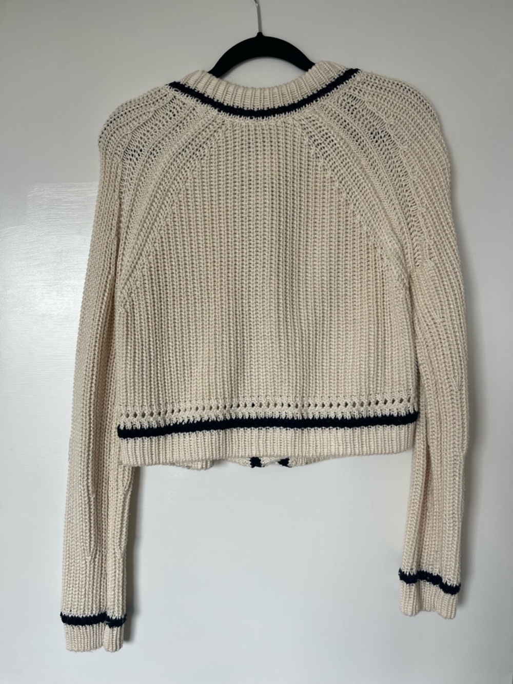 Ba&sh Cream Knit Button-Up Sweater Cardigan with Navy Trim - Picture 3 of 3